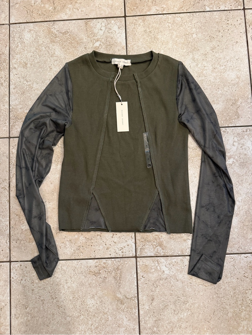 Gilded Intent Olive Green Knit Top with Charcoal Sheer Sleeves